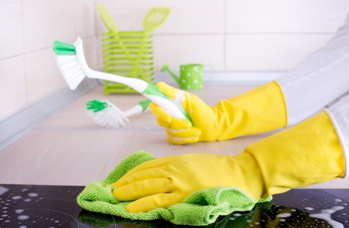 Close-up of carpet cleaning safety checks during a Longlands service
